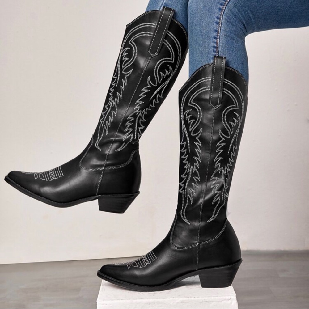 Faux Leather Black Embroidered Western Boots